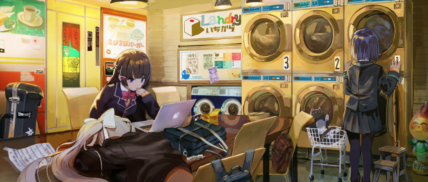 3girls, backpack, bag, black_hair, black_jacket, blazer, blue_eyes, blue_hair