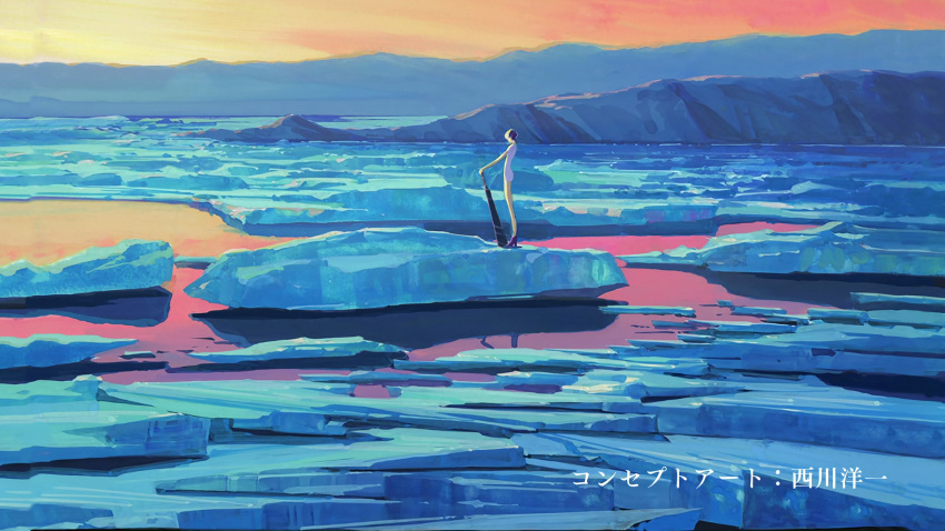 androgynous, blue_hair, crystal_hair, from_side, frozen_lake, golden_arms, high_heels, highres