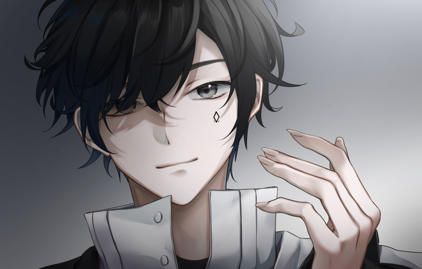 1boy, absurdres, averuni_(coefont), black_hair, closed_mouth, coefont, commentary_request, diamond_facial_mark