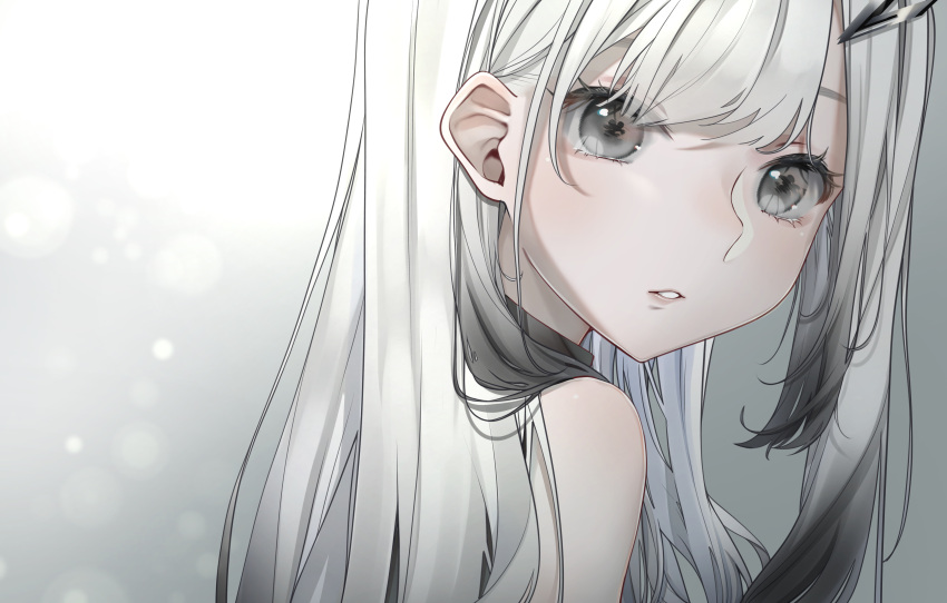 1girl, absurdres, allial_(coefont), bare_shoulders, black_hair, coefont, colored_tips, from_side