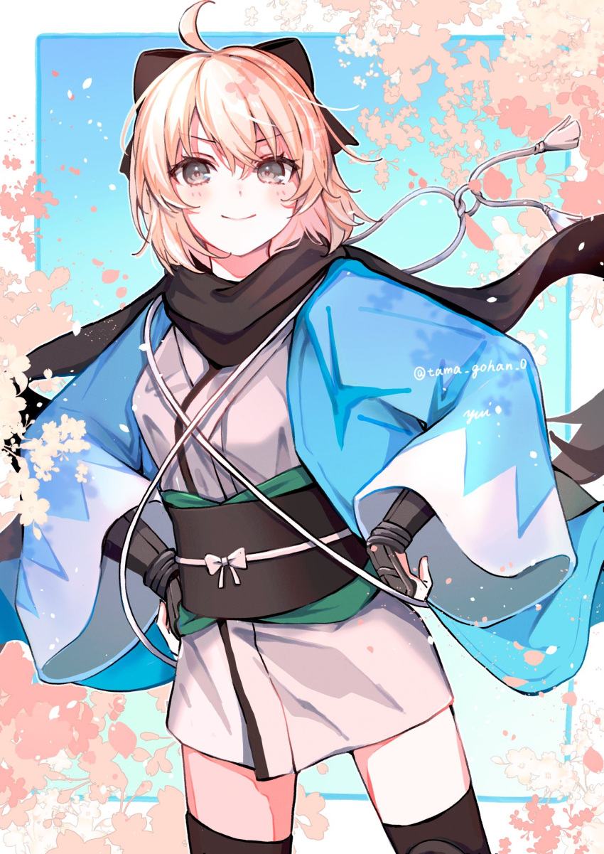 1girl, black_bow, black_scarf, black_thighhighs, blonde_hair, blush, bow, cherry_blossoms