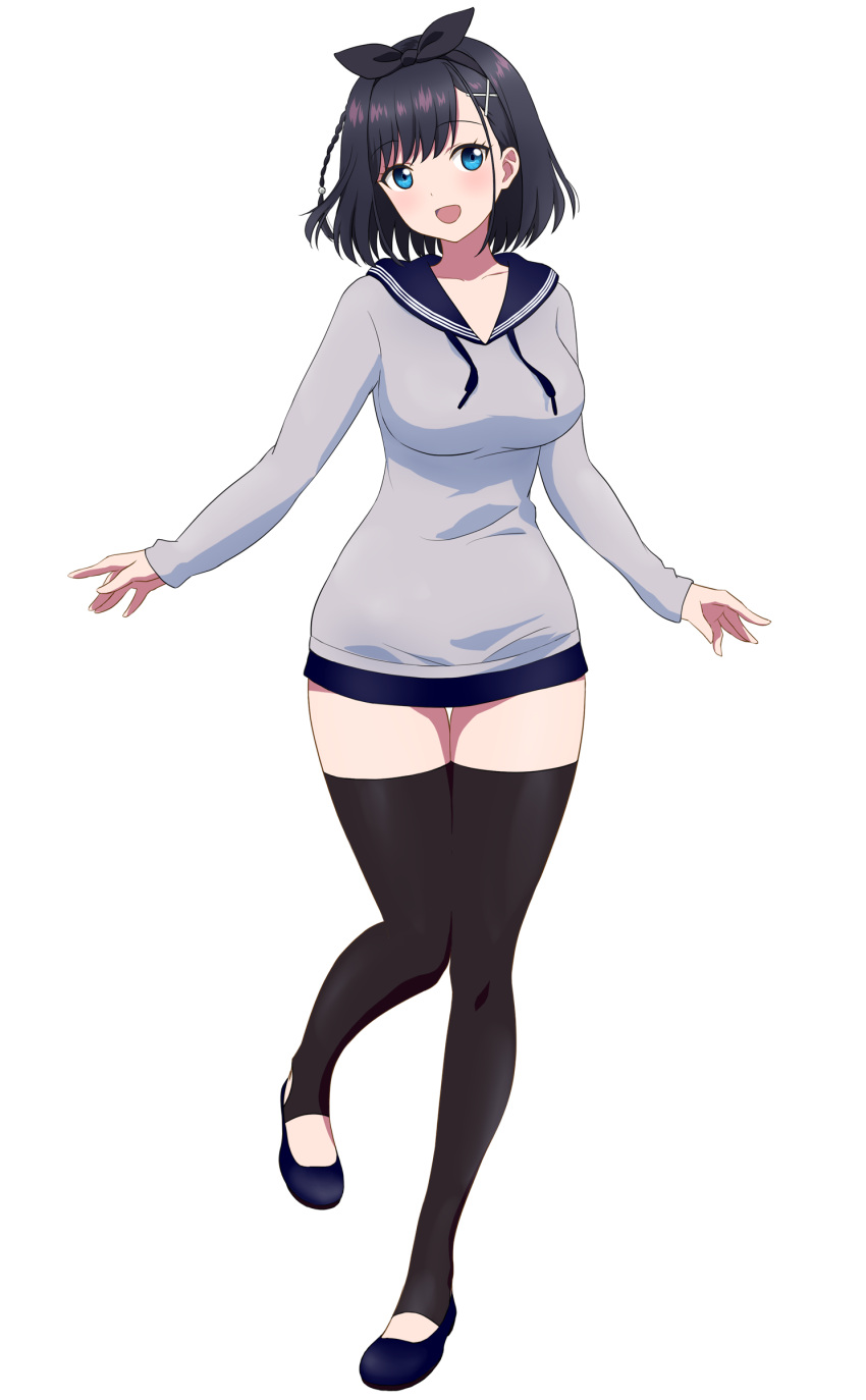 1girl, :d, absurdres, aika_(amatsuji), black_hair, black_ribbon, black_thighhighs, blue_eyes