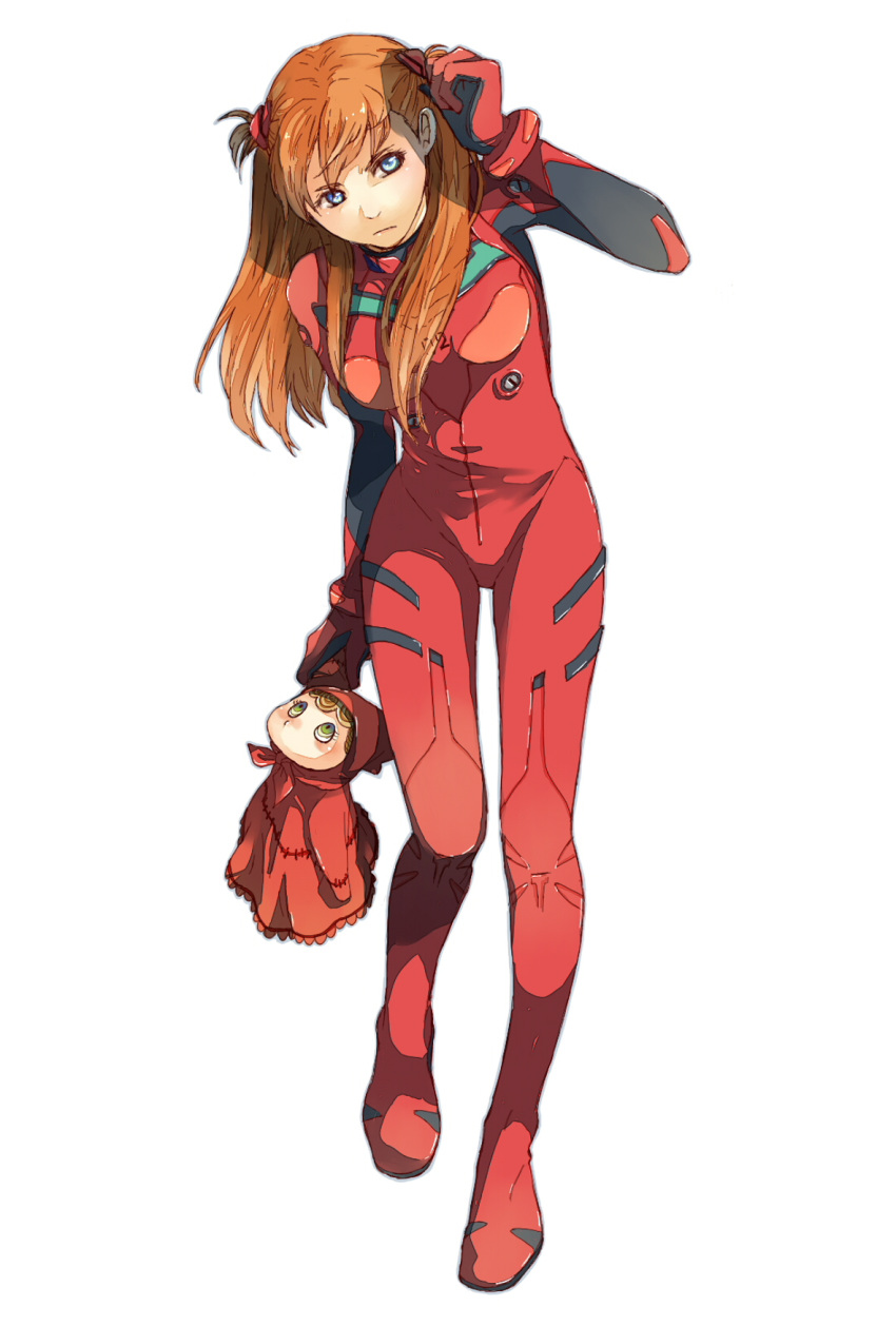 blue_eyes, bodysuit, brown_hair, doll, highres, holding, long_hair, neon_genesis_evangelion