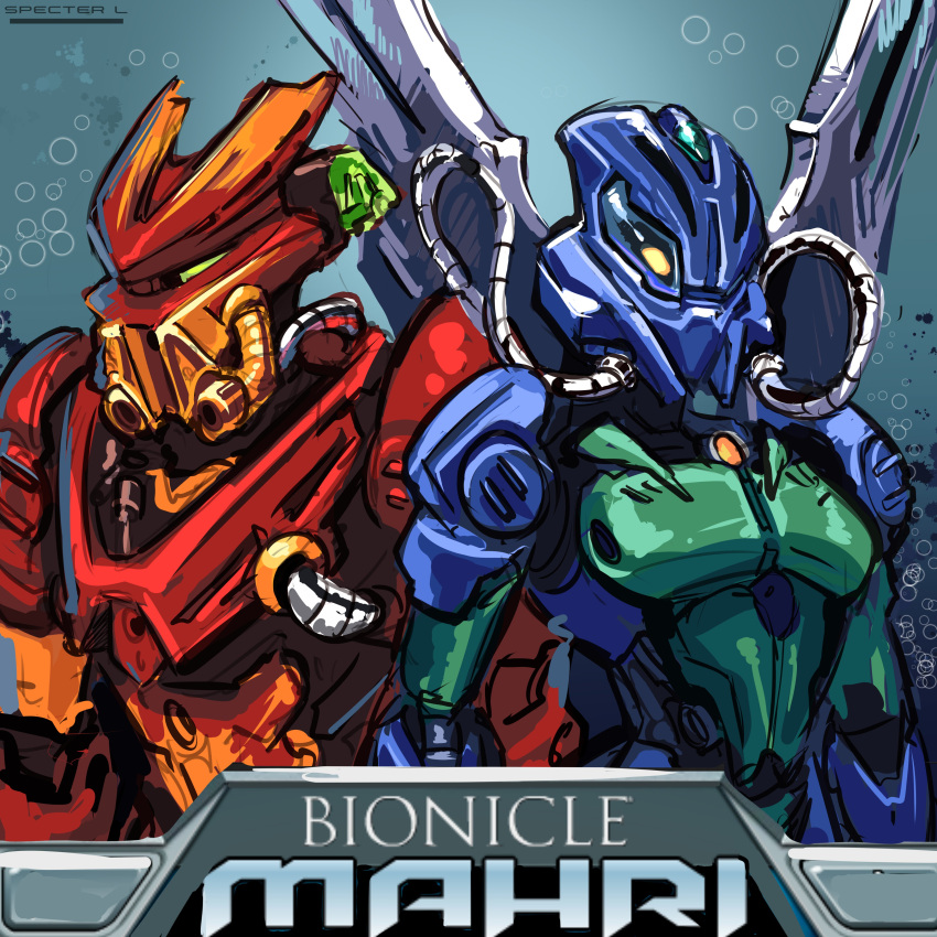 1boy, 1girl, absurdres, bionicle, cable, copyright_name, english_commentary, hahli_(bionicle)