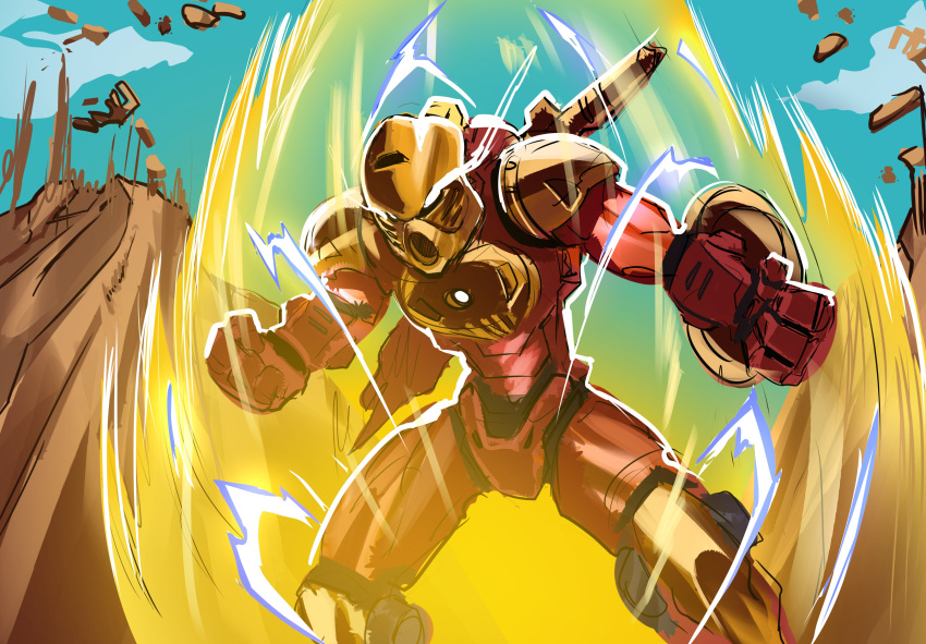 absurdres, bionicle, clenched_hands, clouds, dragon_ball, dragon_ball_z, electricity, eye_trail, highres, humanoid_robot, kanohi_(bionicle), light_trail, looking_down, powering_up, robot, scene_reference, sky, specter_l, tahu_(bionicle), the_lego_group, white_eyes