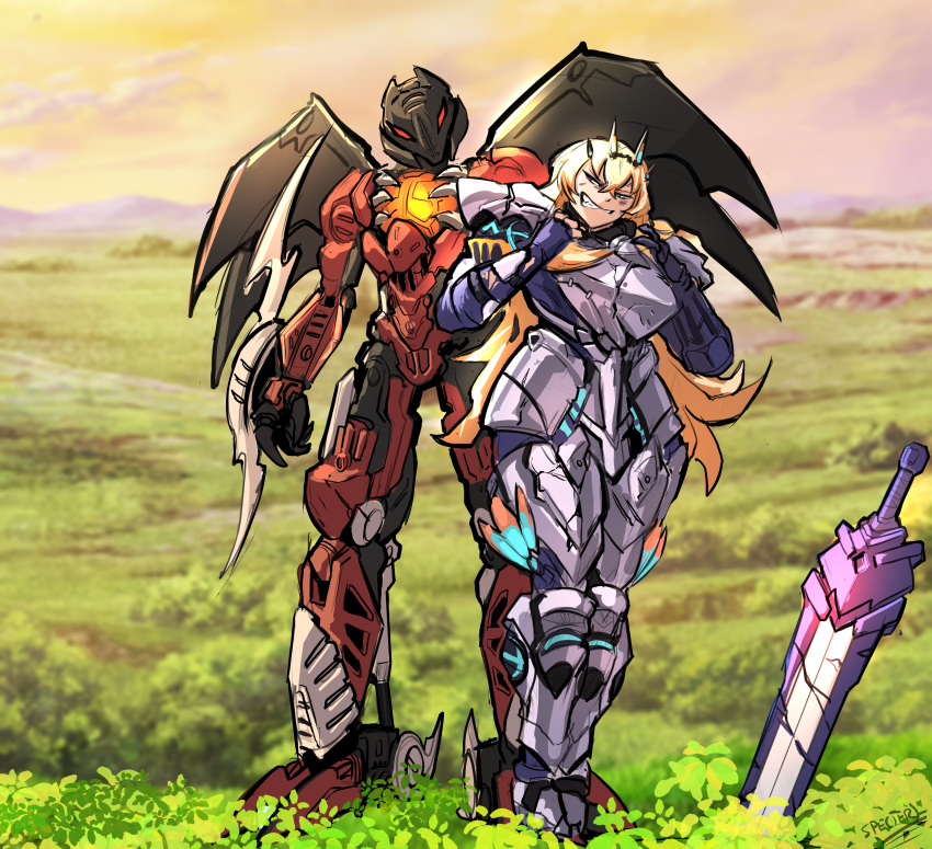 1boy, 1girl, absurdres, armor, barghest_(fate), bionicle, blonde_hair, blue_eyes