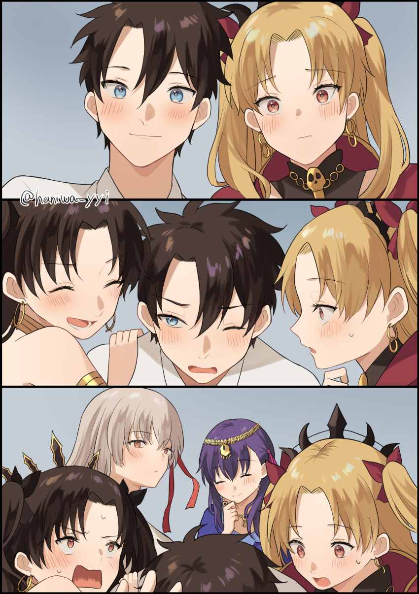 1boy, 4girls, black_bow, black_hair, blonde_hair, blue_background, blue_eyes, blush