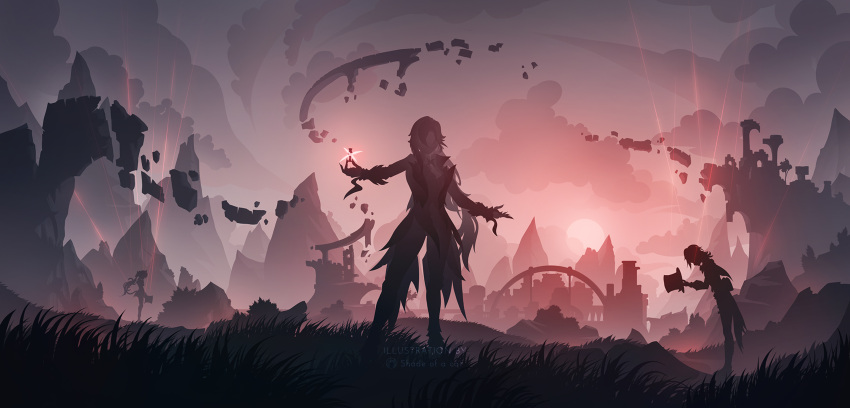 absurdres, arlecchino_(genshin_impact), artist_name, backlighting, bowing, genshin_impact, gnosis_(genshin_impact), grass