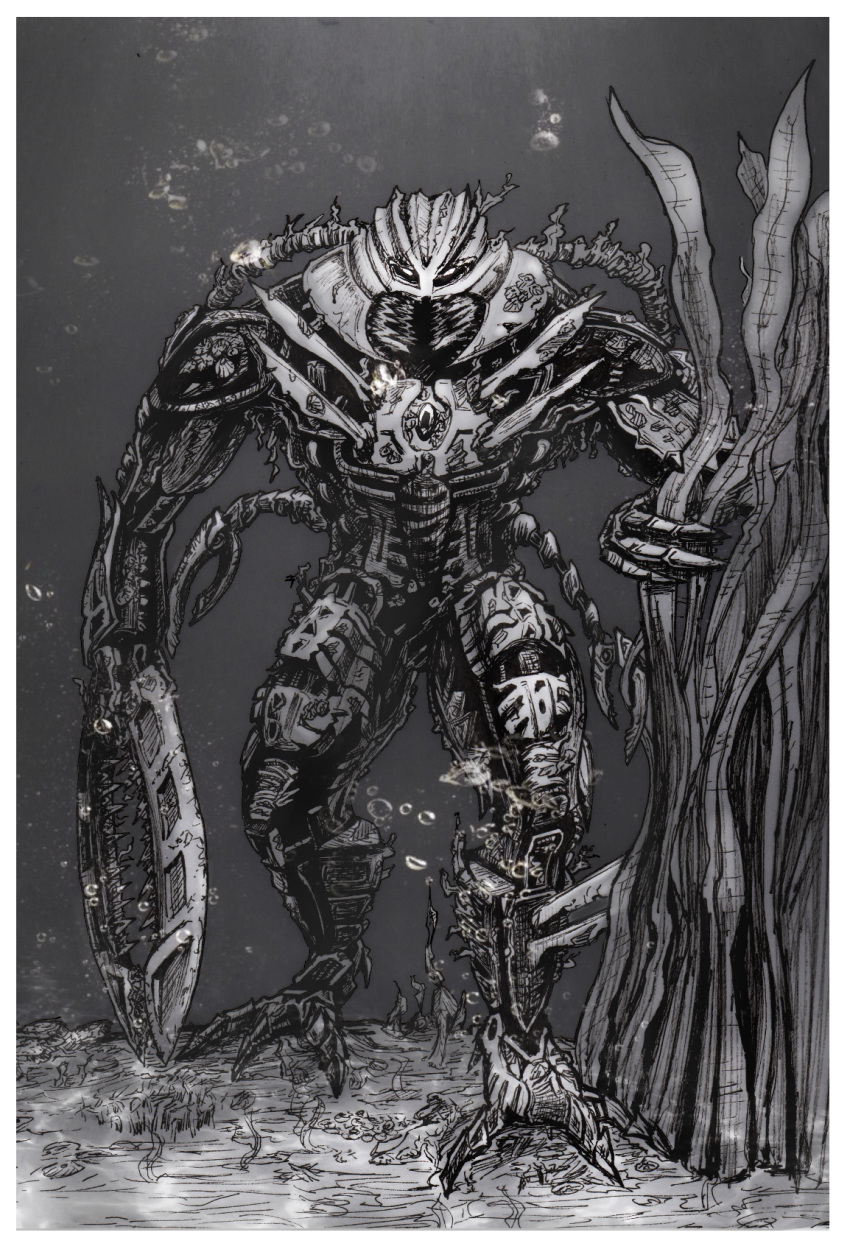 bionicle, brutaka_(bionicle), bubble, cable, english_commentary, full_body, greyscale, highres