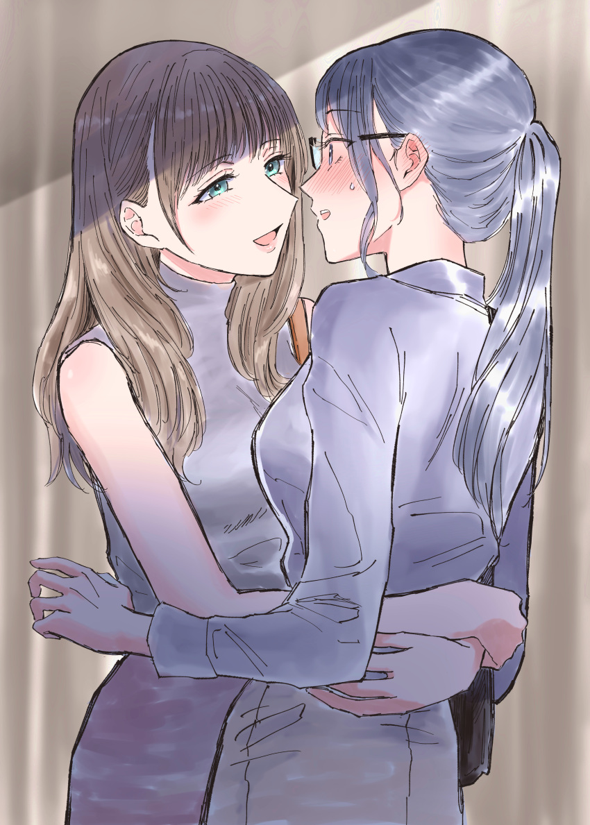 2girls, absurdres, aqua_eyes, bare_arms, black_hair, blush, brown_hair, collared_shirt