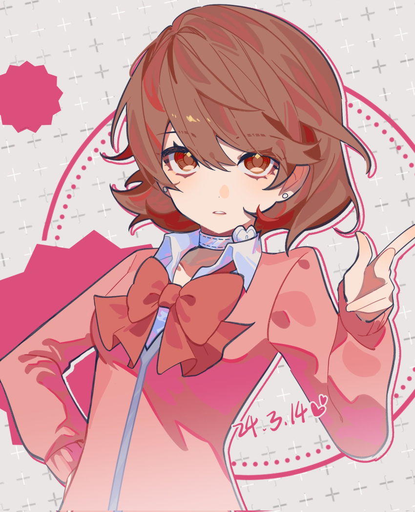 1girl, bow, bowtie, brown_eyes, brown_hair, choker, dated, earrings