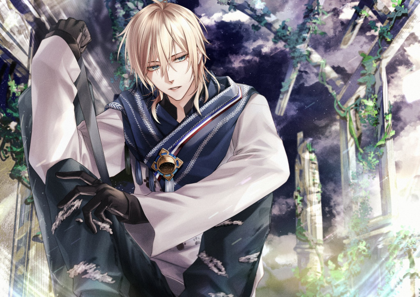 1boy, alkaid_mcgrath, bag, black_gloves, black_pants, black_shirt, blonde_hair, blue_scarf