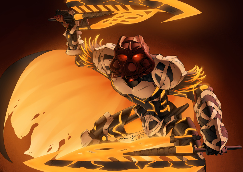 absurdres, bionicle, black_cape, burns_tiger5, cape, commission, dual_wielding, english_commentary, fire_emblem, fire_emblem_heroes, glowing, glowing_eyes, highres, holding, holding_sword, holding_weapon, humanoid_robot, kanohi_(bionicle), mask, red_eyes, robot, signature, sword, tahu_(bionicle), the_lego_group, weapon