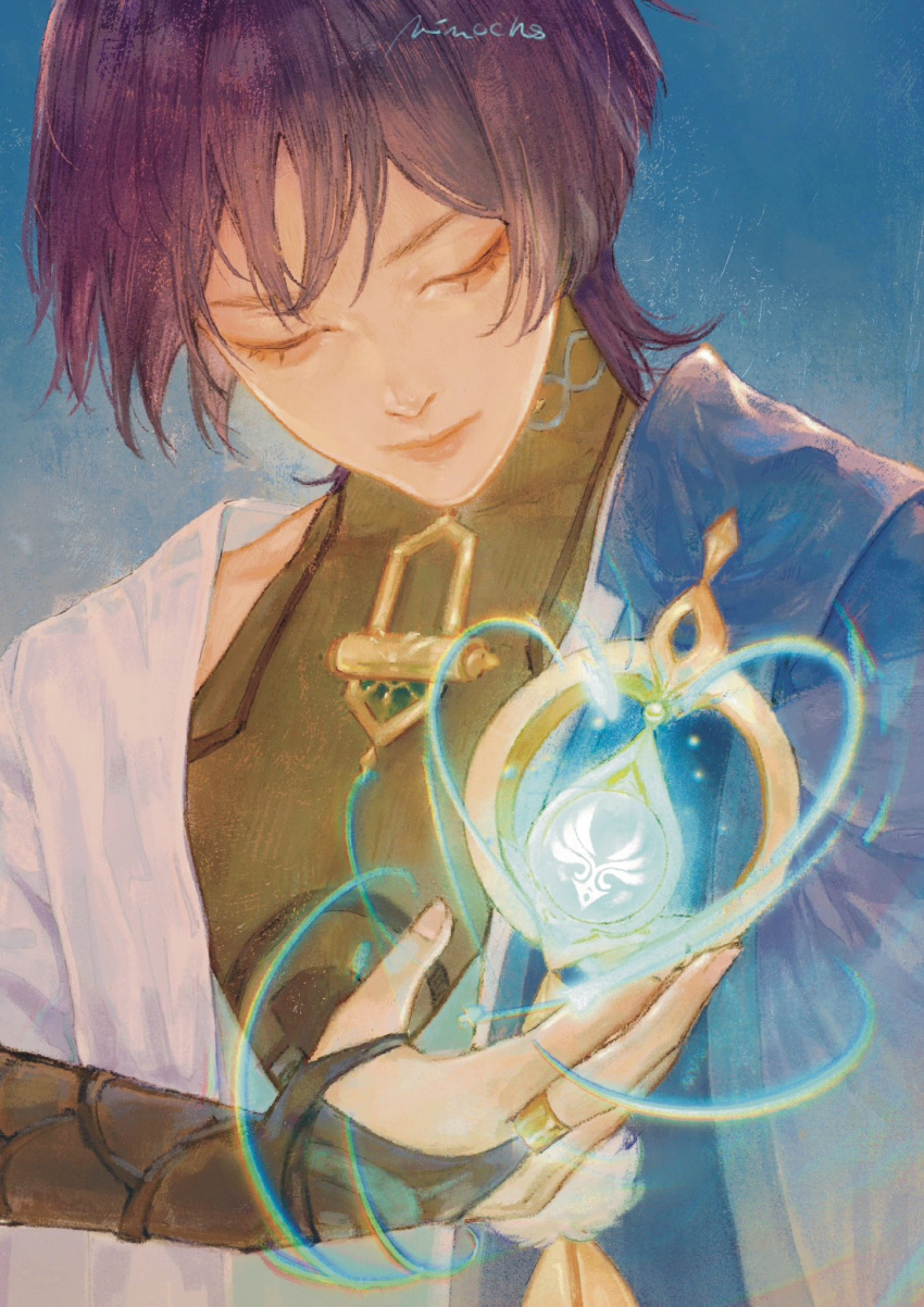 1boy, bishounen, closed_eyes, eyeliner, gauntlets, genshin_impact, highres, japanese_clothes