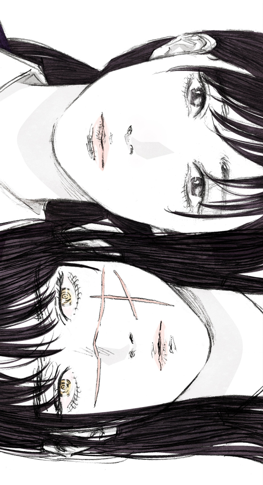 2girls, absurdres, black_eyes, black_hair, chainsaw_man, commentary, cross_scar, greyscale, highres, mitaka_asa, monochrome, multiple_girls, pink_lips, rotational_symmetry, scar, scar_on_cheek, scar_on_face, scar_on_nose, senaka_look, sideways, spot_color, yellow_eyes, yoru_(chainsaw_man)