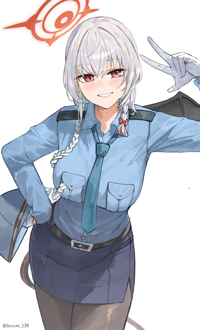1girl, absurdres, ai-bon, belt, black_belt, black_pantyhose, black_wings, blue_archive