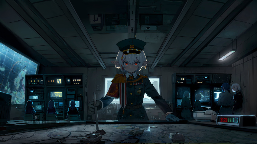 armband, clock, dark, digital_clock, emblem, gloves, hat, highres, indie_virtual_youtuber, indoors, insignia, looking_at_viewer, map, military, military_base, military_hat, military_uniform, military_vehicle, motor_vehicle, multiple_girls, pointy_ears, red_eyes, short_hair, solo, solo_focus, takemori_kohoto, tank, toy_tank, uniform, upper_body, war_strategy_table, warno_(game), white_hair