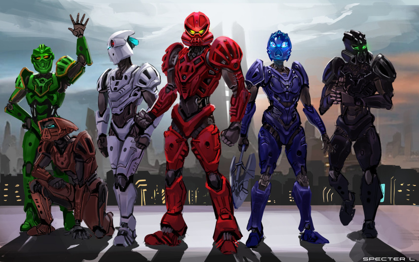 1girl, 5boys, ^_^, absurdres, artist_name, bionicle, blue_eyes, city, clenched_hands, closed_eyes, english_commentary, glowing, glowing_eyes, green_eyes, highres, holding, holding_weapon, humanoid_robot, kanohi_(bionicle), looking_ahead, looking_at_viewer, looking_to_the_side, mask, matau_(bionicle), multiple_boys, nokama_(bionicle), nuju_(bionicle), on_one_knee, onewa_(bionicle), robot, shadow, specter_l, the_lego_group, vakama_(bionicle), waving, weapon, whenua_(bionicle), yellow_eyes