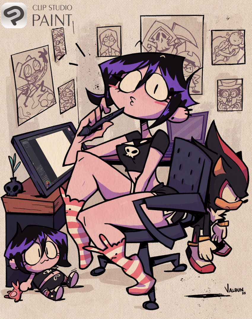 animal_ear_legwear, blush_stickers, chair, character_doll, character_request, clip_studio_paint_(medium), collar, commentary, computer, cropped_shirt, daria, daria_morgendorffer, dolphin_shorts, drawing_tablet, ear_piercing, earrings, ed_edd_n_eddy, edd_(ed_edd_n_eddy), gir_(invader_zim), grim_(grim_adventures), highres, holding, holding_stylus, invader_zim, jewelry, laptop, mandy_(grim_adventures), midriff, mordecai_(regular_show), navel, office_chair, original, piercing, poster_(object), puckered_lips, purple_hair, rabbit_ear_legwear, regular_show, rigby, shadow_the_hedgehog, short_hair, short_shorts, shorts, signature, sitting, socks, sonic_(series), spiked_collar, spikes, striped_clothes, striped_socks, stylus, superjail, swivel_chair, table, the_grim_adventures_of_billy_&amp;_mandy, the_warden_(superjail), toon_(style), valbun, valbun_(character), watermark, zim_(invader_zim)
