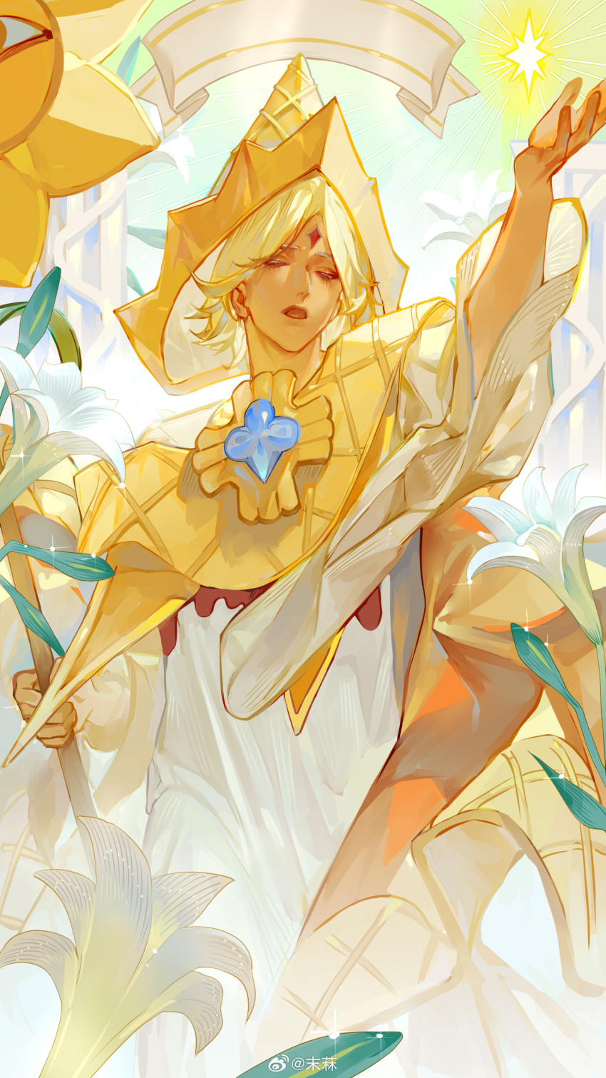 1boy, absurdres, blonde_hair, blue_gemstone, brooch, closed_eyes, cookie_run, cowboy_shot