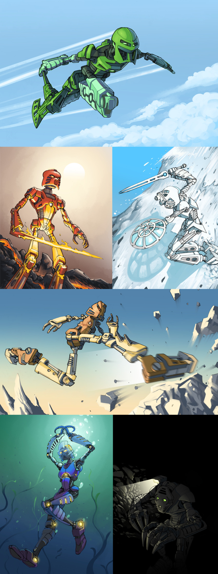 absurdres, axe, bionicle, blue_eyes, clouds, flying, gali_(bionicle), glowing