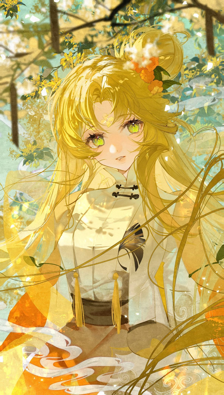 1girl, aura, black_sash, blonde_hair, blurry, brown_skirt, cape, chinese_clothes, cookie_run, cowboy_shot, curtained_hair, dappled_sunlight, day, depth_of_field, facial_mark, flower, forehead_mark, golden_osmanthus_cookie, green_eyes, hair_bun, hair_flower, hair_ornament, half_updo, head_tilt, highres, humanization, jacket, long_hair, long_sleeves, looking_at_viewer, open_clothes, open_jacket, orange_cape, orange_flower, osmanthus, parted_bangs, parted_lips, pouch, puffy_long_sleeves, puffy_sleeves, sash, see-through_shawl, shawl, shirt, single_side_bun, skirt, smoke, solo, sunlight, tassel, tree, two-sided_cape, two-sided_fabric, white_jacket, white_shirt, xiang_tui_tui, yellow_cape, yellow_flower, yellow_shawl