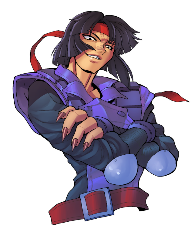 1girl, belt, black_hair, fingernails, headband, karai, kasaki_yoshihiko, looking_at_viewer