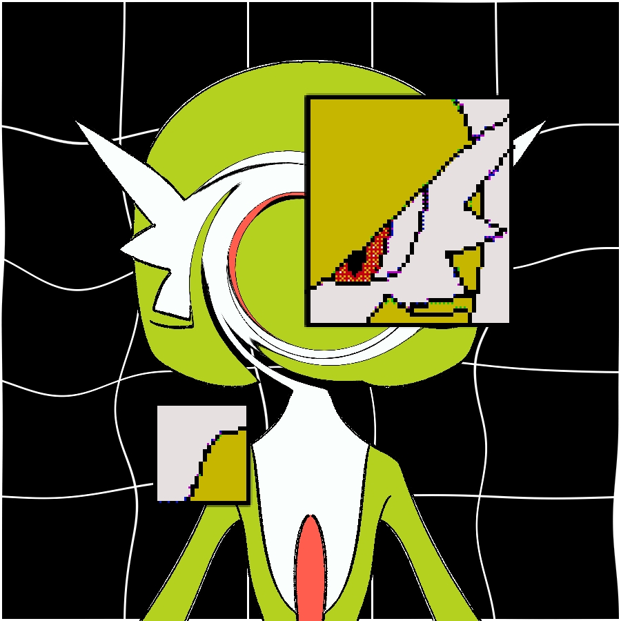 1girl, 4shiki, abstract, black_background, border, colored_skin, commentary_request, flat_chest, flat_color, gardevoir, green_hair, green_skin, grid_background, looking_at_viewer, multicolored_skin, outside_border, partial_commentary, pixel_art, pokemon, pokemon_(creature), red_eyes, short_hair, solo, standing, straight-on, two-tone_skin, upper_body, white_border, white_skin