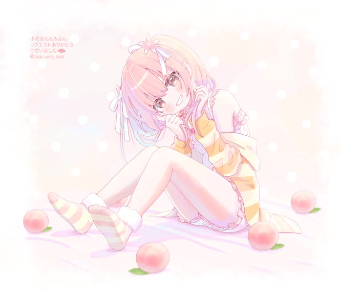 1girl, blush, commission, dot_nose, dress, food, fruit, full_body