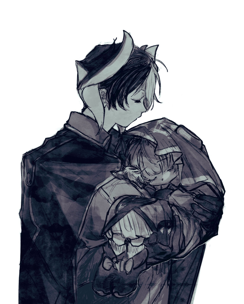 1boy, 1girl, bad_id, bad_pixiv_id, bags_under_eyes, bow, carrying, child, cloak, closed_mouth, commentary_request, dress, footwear_bow, gloves, greyscale, hair_horns, half-closed_eyes, highres, jacket, long_sleeves, looking_at_another, made_in_abyss, maruruk, monochrome, multicolored_hair, netetsu_(yyrf3o), official_alternate_costume, otoko_no_ko, ozen, princess_carry, profile, shoes, short_hair, single_tear, sleeping, socks, streaked_hair, upper_body, veil, whistle, whistle_around_neck, yurie_mouth