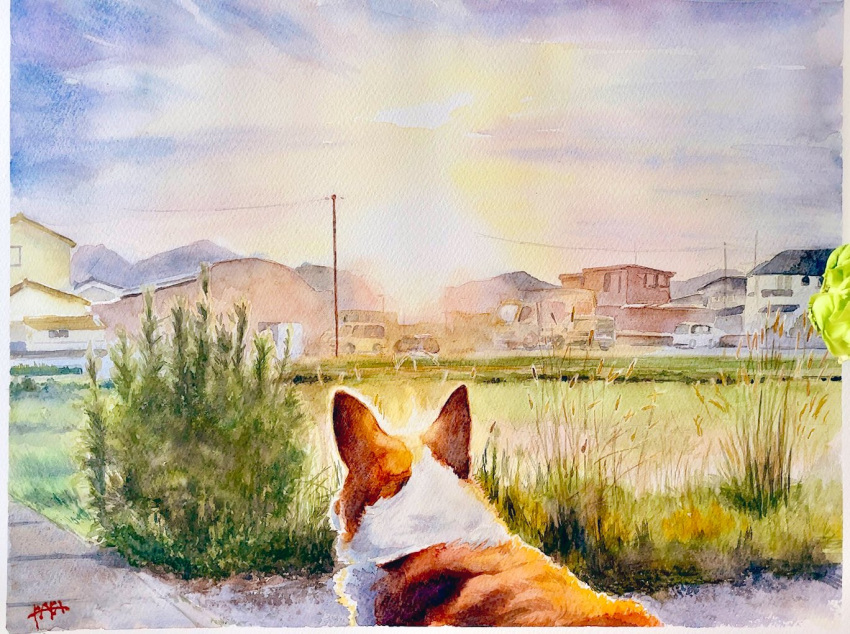 building, dog, evening, from_behind, grass, house, no_humans, oekaki