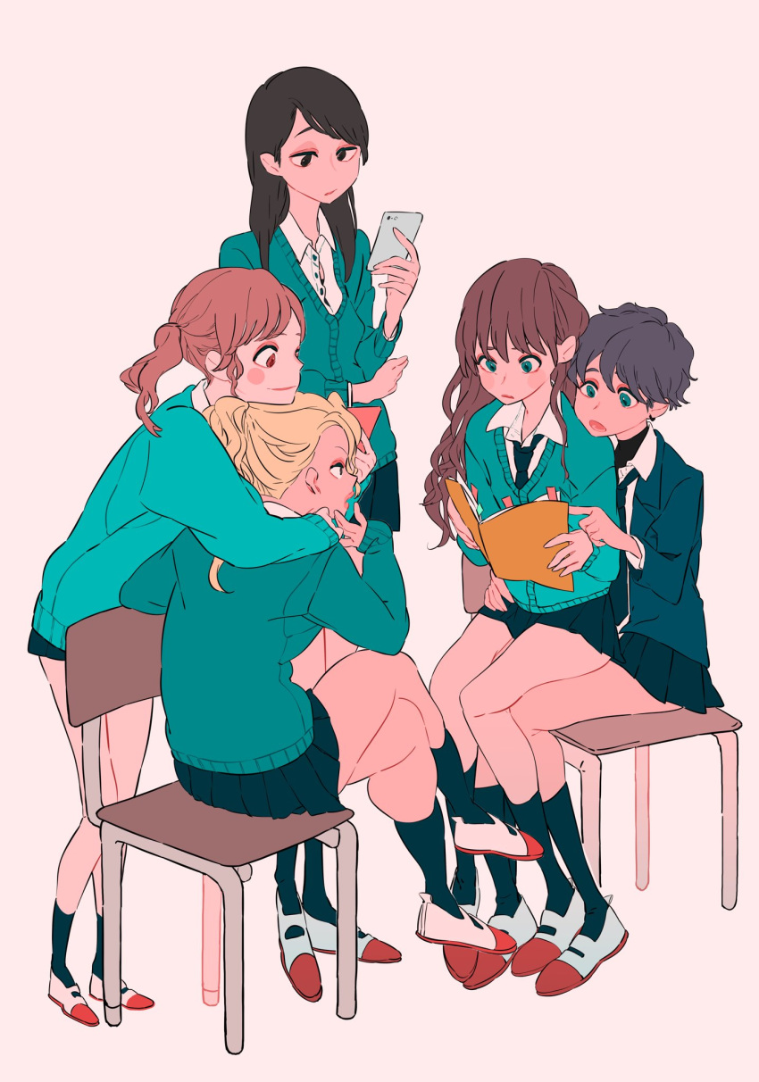 5girls, aqua_cardigan, bare_legs, black_eyes, black_hair, black_jacket, black_necktie, black_skirt