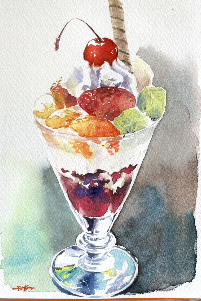 cherry, cream, food, fruit, glass, highres, kiwi_(fruit), kiwi_slice