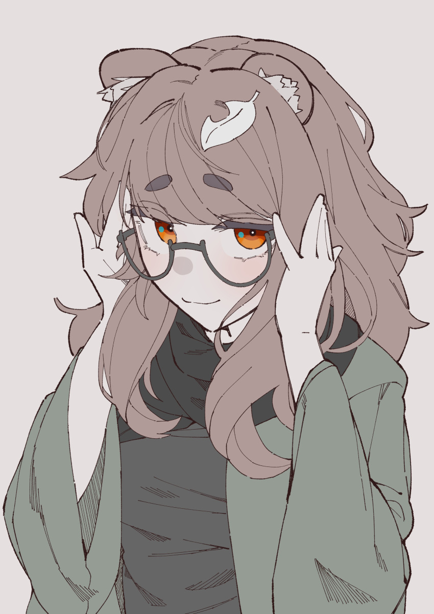 1girl, absurdres, animal_ears, black-framed_eyewear, black_scarf, blush, brown_hair, closed_mouth