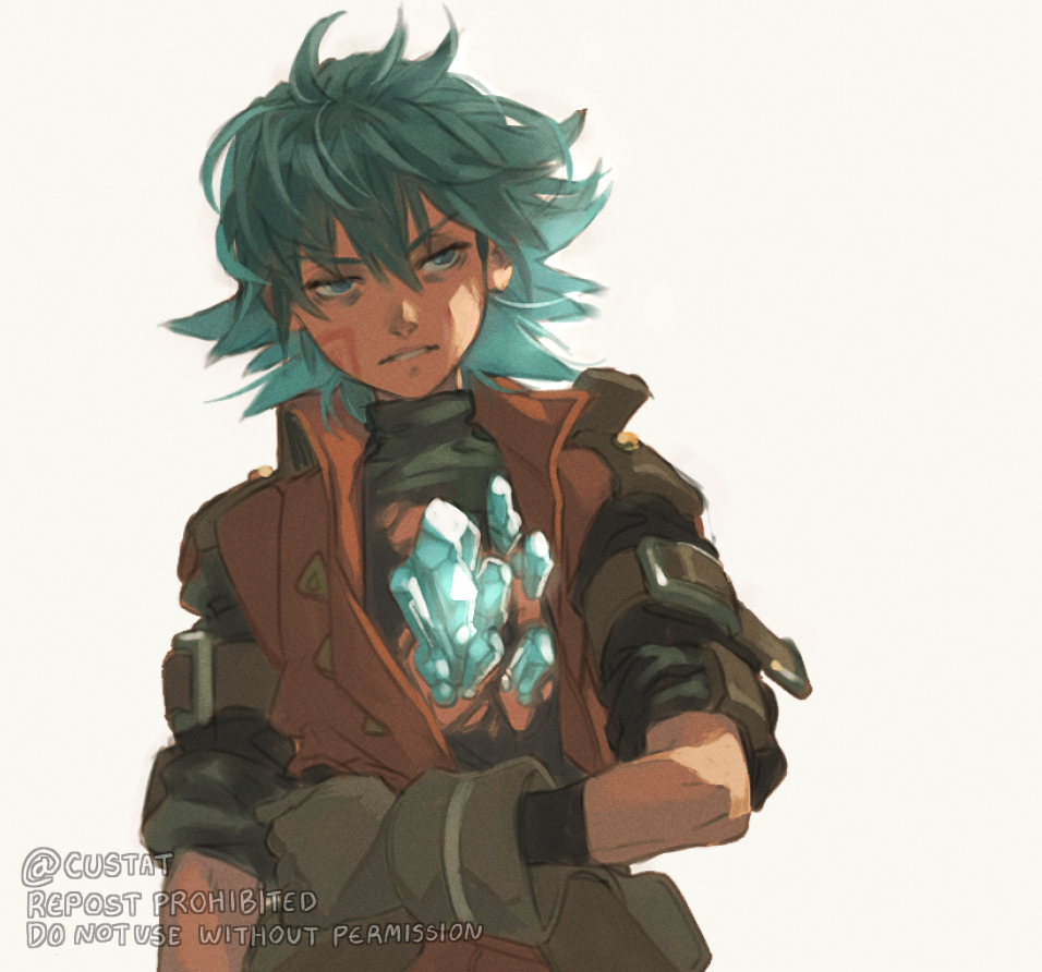 .hack//, .hack//g.u., 1boy, arm_belt, bag, bags_under_eyes, black_shirt, blue_eyes, blue_hair, brown_coat, brown_gloves, coat, commentary, crystal, custat, english_commentary, gloves, grimace, kite_(.hack//), male_focus, material_growth, satchel, shirt, short_hair, simple_background, sleeves_rolled_up, solo, white_background