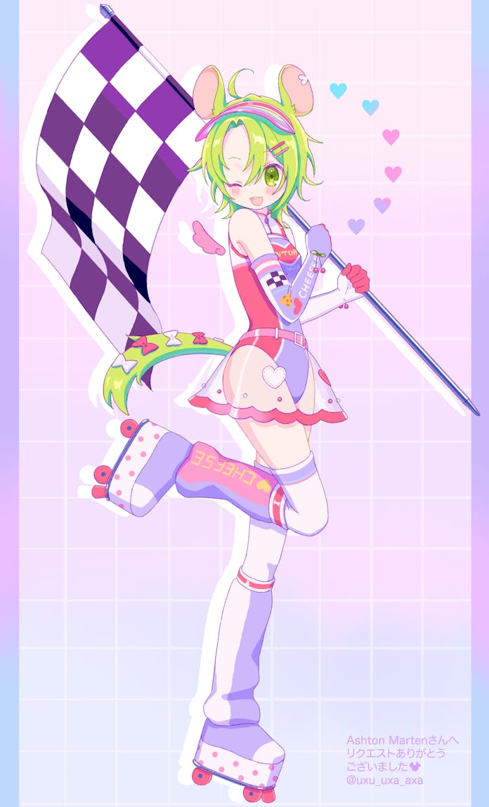 1girl, ashton_marten_(vtuber), bow, checkered_flag, cheese_print, cherry_print, chinchilla_(animal), chinchilla_ears, chinchilla_girl, chinchilla_tail, commentary, commission, elbow_gloves, english_commentary, flag, food_print, gloves, green_eyes, grid_background, hair_ornament, hairclip, indie_virtual_youtuber, leg_warmers, multicolored_leotard, one_eye_closed, open_mouth, racequeen, roller_skates, see-through, see-through_skirt, short_hair, skates, skeb_commission, skirt, tail, tail_bow, tail_ornament, thigh-highs, uxu_uxa_axa, virtual_youtuber, visor_cap, white_thighhighs