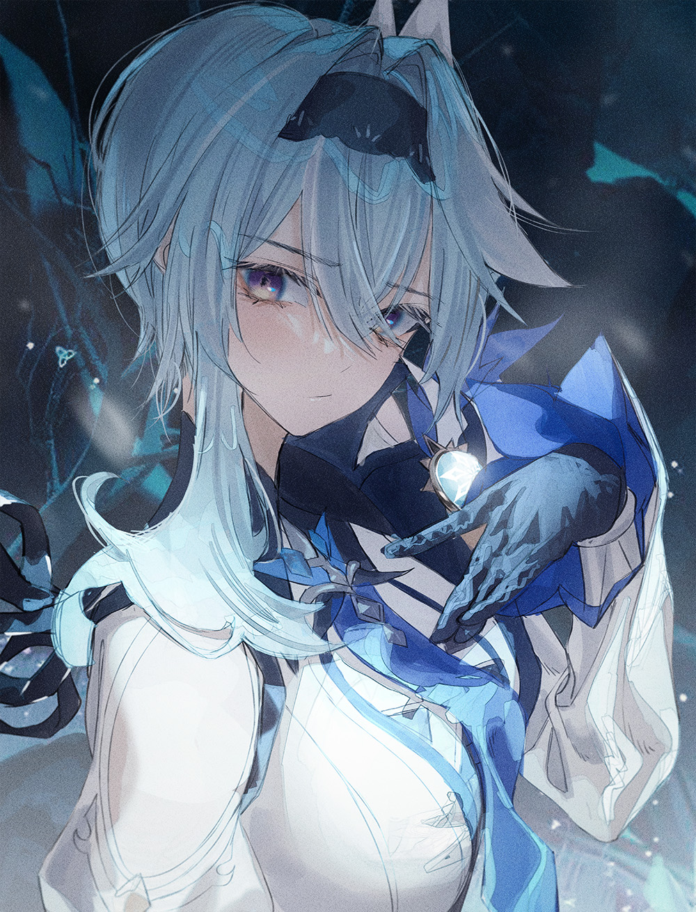 1girl, :/, black_hairband, blue_gloves, blue_hair, blue_necktie, breasts, closed_mouth