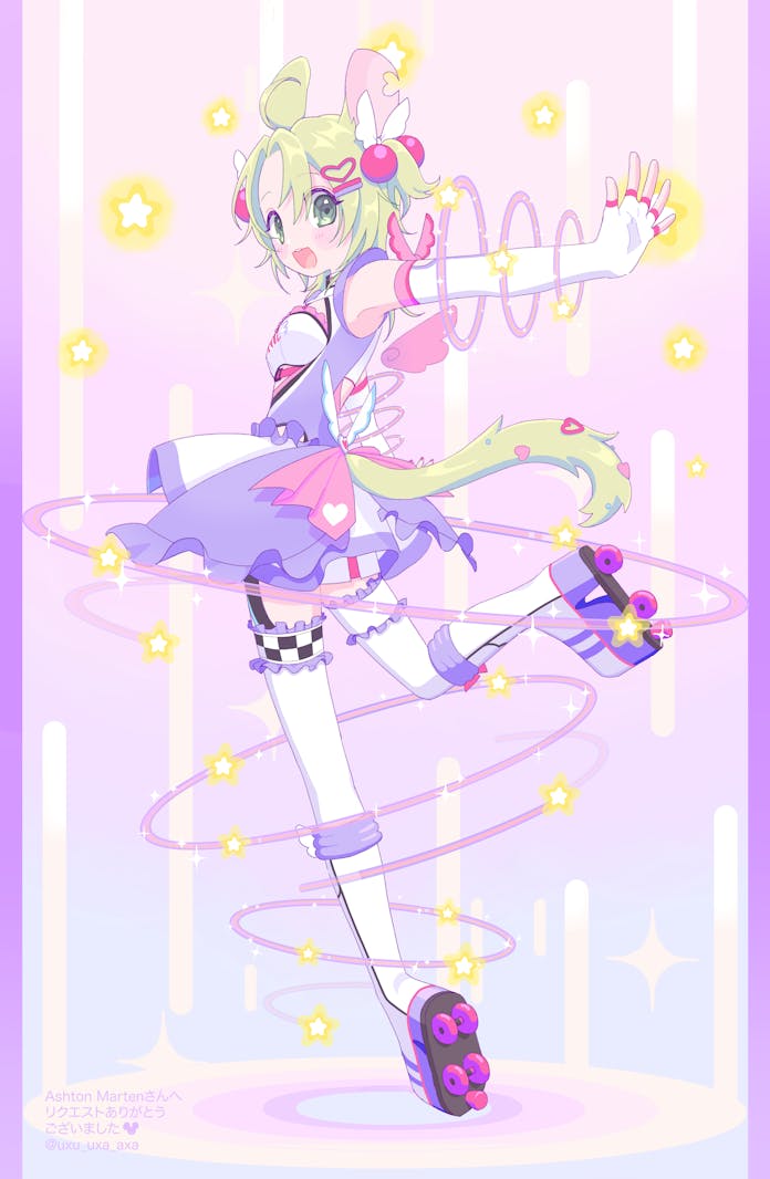 1girl, ashton_marten_(vtuber), blush, chinchilla_ears, chinchilla_girl, chinchilla_tail, commentary, commission
