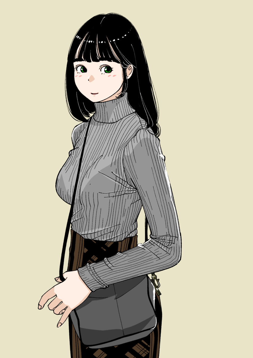 1girl, bag, black_bag, black_hair, brown_skirt, casual, green_eyes, grey_sweater