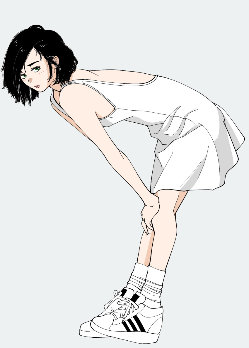 1girl, back_cutout, bare_shoulders, black_hair, clothing_cutout, dress, from_side, full_body