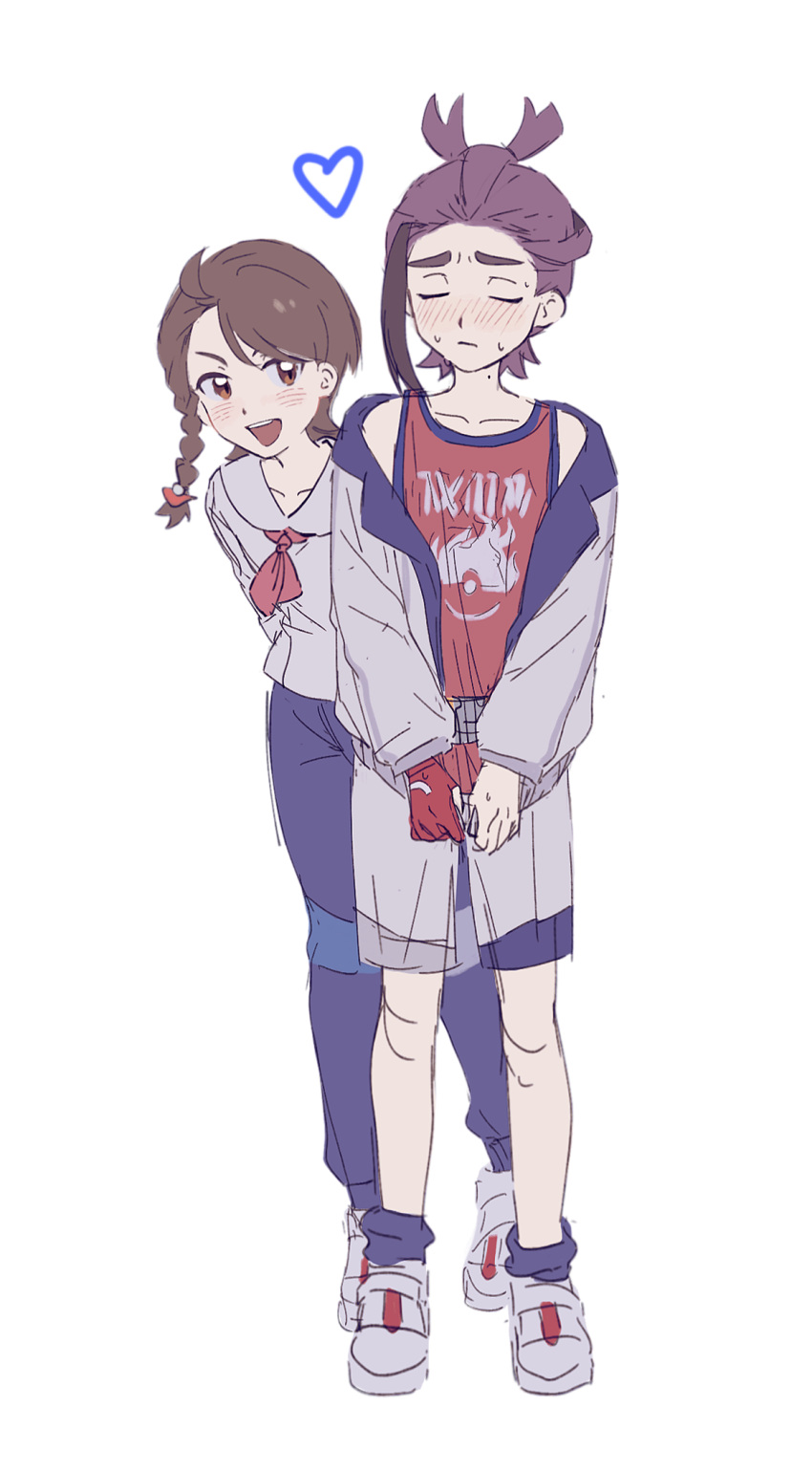 1boy, 1girl, :d, blush, braid, brown_eyes, brown_hair, closed_eyes