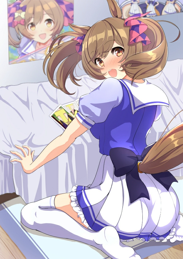 1girl, animal_ears, ass, bed, breasts, brown_eyes, brown_hair, commentary_request