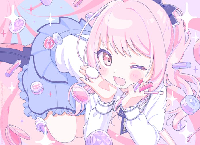 1other, akiyama_mizuki, black_footwear, blue_skirt, blush_stickers, bottle, bow, cosmetics, eyelashes, lipstick, lipstick_tube, long_hair, looking_at_viewer, makeup, makeup_brush, open_mouth, perfume_bottle, pink_eyes, pink_hair, project_sekai, shirt, skirt, sparkle, uxu_uxa_axa, white_shirt
