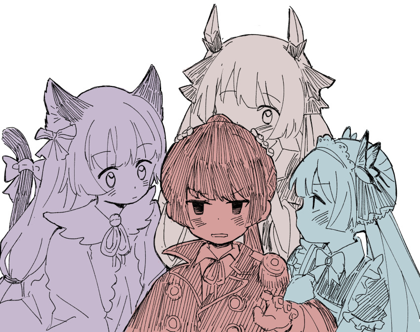 animal_ears, blunt_ends, butterfly_hair_ornament, cape, cat_ears, clone, hair_ornament, heaven_burns_red