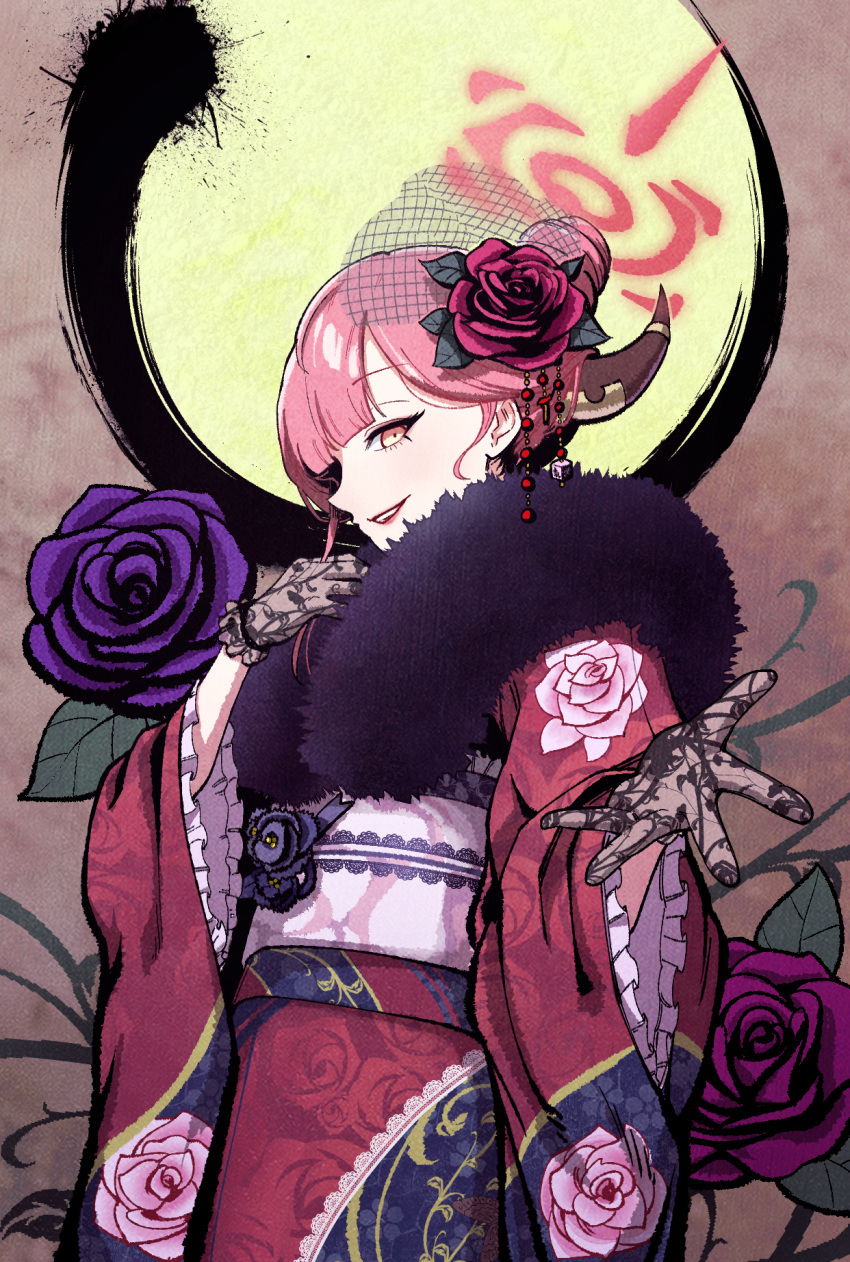 1girl, :d, adjusting_scarf, aru_(blue_archive), aru_(new_year)_(blue_archive), black_gloves, black_scarf, blue_archive