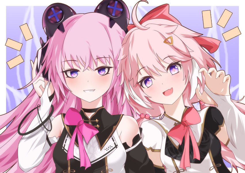 2girls, ahoge, animal_ears, bear_ears, black_dress, blue_eyes, bow, bowtie
