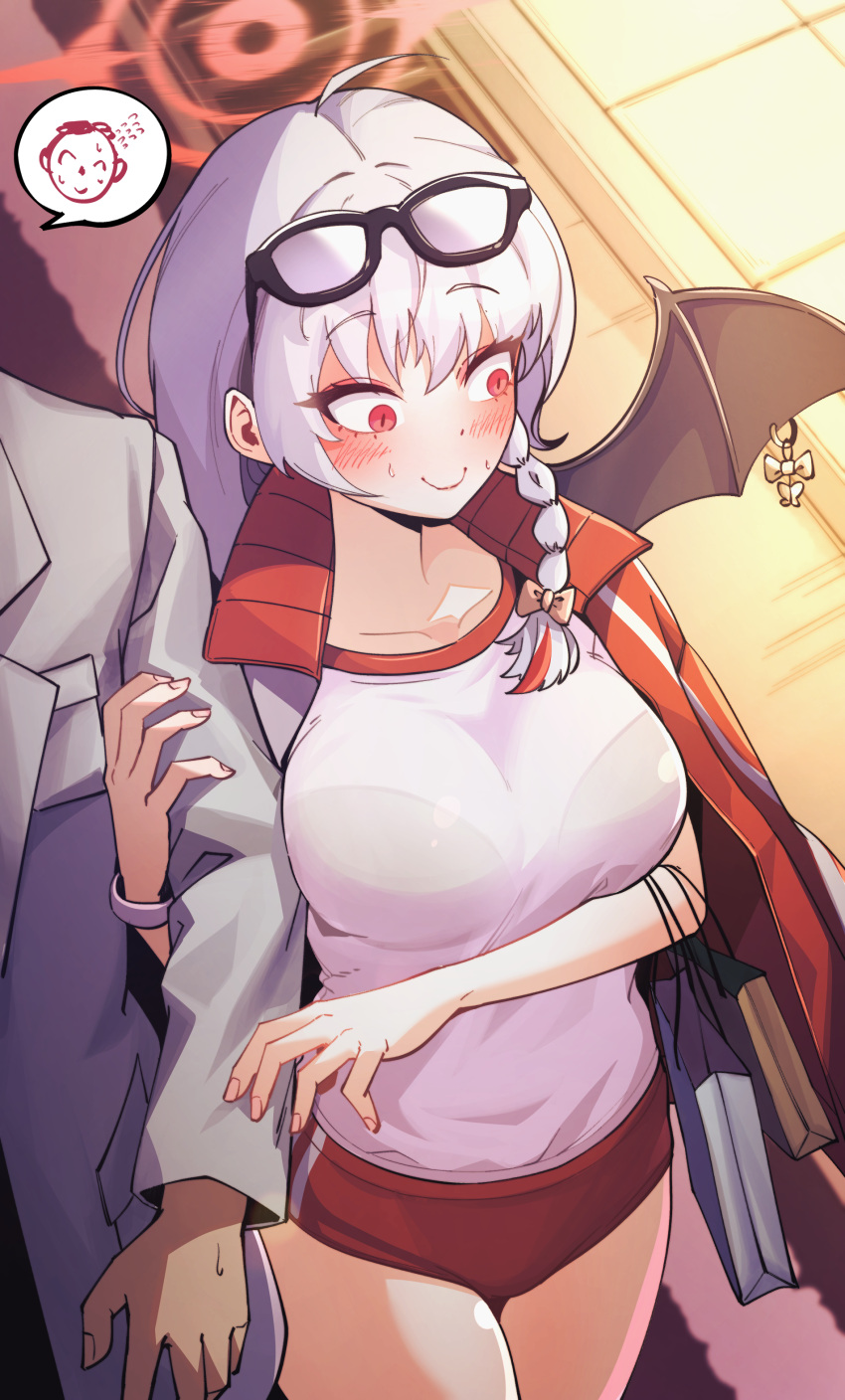 1boy, 1girl, absurdres, arm_hug, bag, blue_archive, bow, braid, buruma, c:, commentary_request, cs_(user_rysm3224), demon_girl, demon_wings, doodle_sensei_(blue_archive), embarrassed, flying_sweatdrops, from_above, grey_hair, gym_shirt, gym_uniform, hair_between_eyes, hair_bow, hair_ribbon, halo, haruna_(blue_archive), haruna_(track)_(blue_archive), head_out_of_frame, highres, jacket, long_hair, long_sleeves, looking_afar, multicolored_hair, official_alternate_costume, open_clothes, open_jacket, outdoors, red_buruma, red_eyes, red_jacket, ribbon, sensei_(blue_archive), shirt, shopping_bag, short_sleeves, sidelocks, single_braid, single_wing, smile, spoken_character, streaked_hair, sweatdrop, track_jacket, two-tone_hair, white_shirt, wings