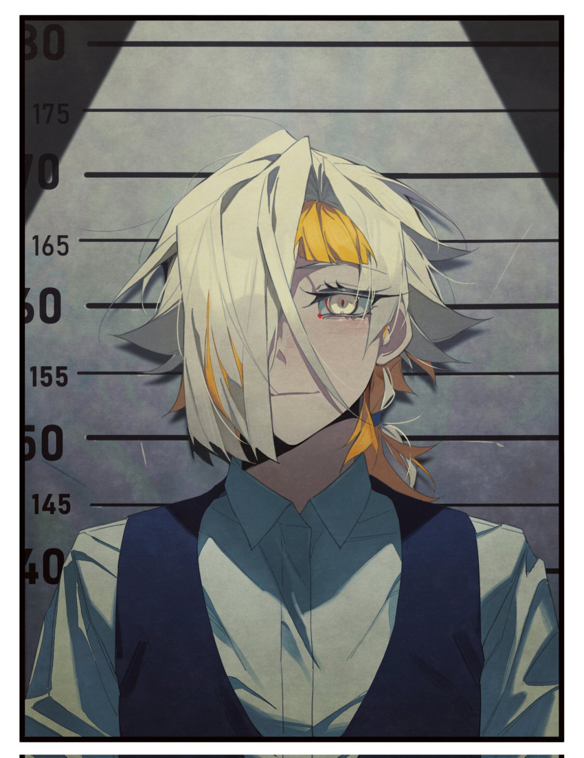 1girl, black_vest, blonde_hair, border, closed_mouth, collared_shirt, commentary_request, corrupted_twitter_file