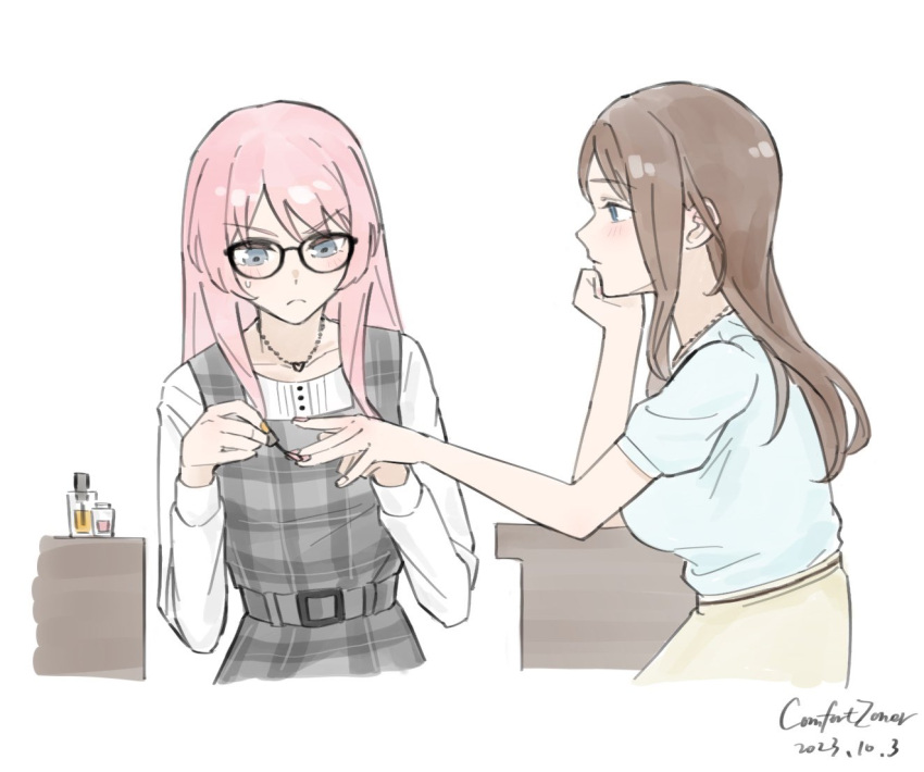 2girls, applying_makeup, artist_name, bang_dream!, bang_dream!_it's_mygo!!!!!, belt, blue_eyes, blue_shirt