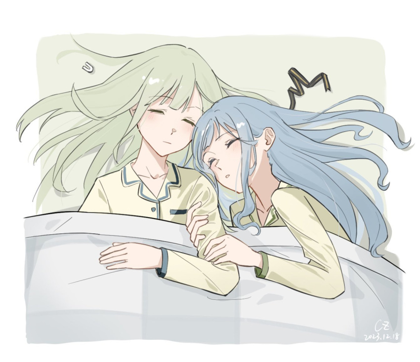 2girls, arm_hug, bang_dream!, bang_dream!_it's_mygo!!!!!, blue_hair, blush, border, closed_eyes